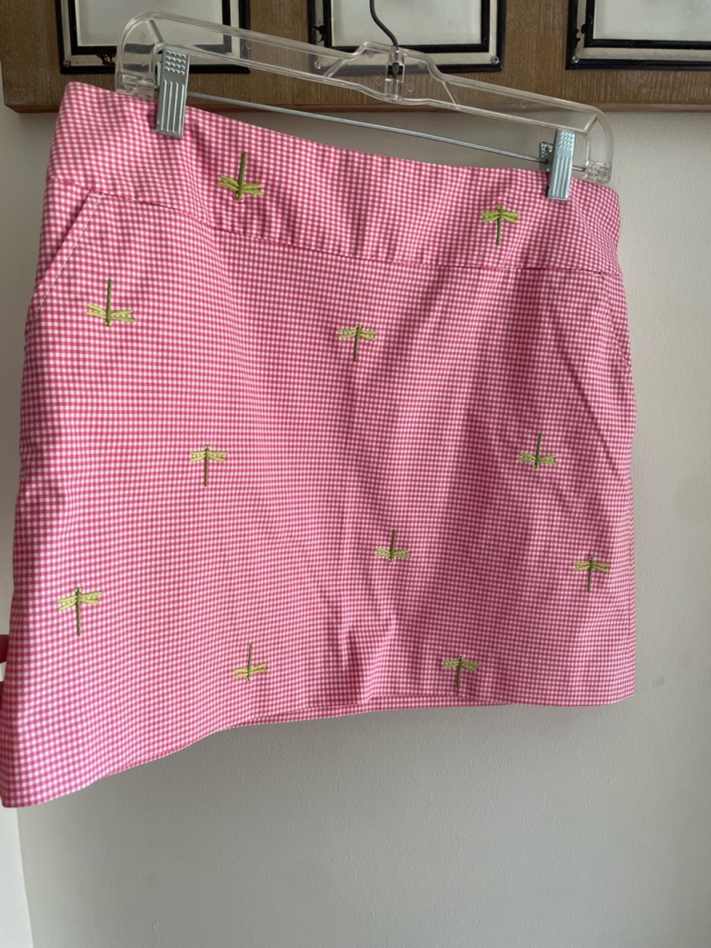 J. Crew Pink Gingham Mini Skirt with Green Dragonfly Embroidery